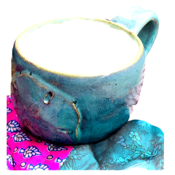 Aqua Pottery Mug with a Carved Sand Dollar in Sea Foam Green & Tan - Picture 4 of 10